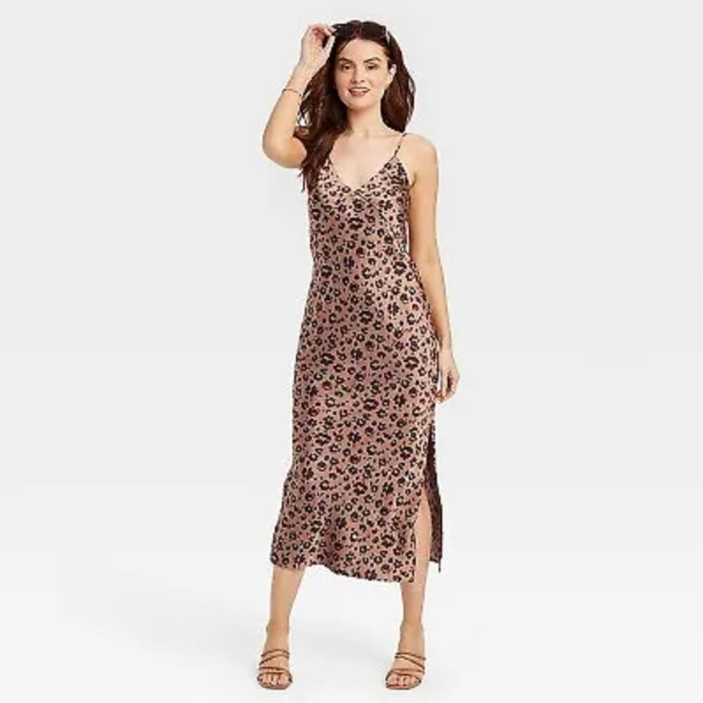 A New Day Leopard Print Sleeveless Satin Slip Dress
